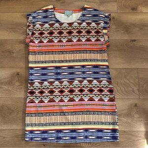 Sleeveless Geometric Print Shift Dress Tribal Aztec Pattern Knee Length Size M